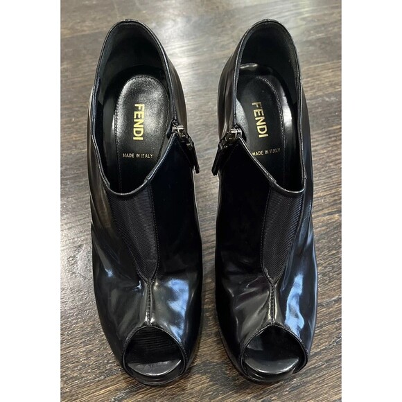 Fendi Black Patent Leather Heels EU 38.5 US 8 Peep Toe Mesh Booties Goth Rave - Picture 2 of 12